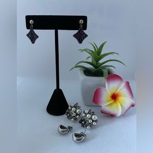 3 pairs- Purple, silver tone back post, vintage flower with faux Pearl